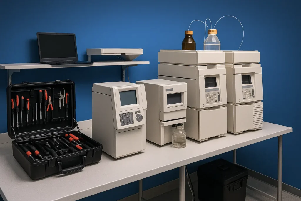 Laboratory workshop at Harlow Scientific with analytical instruments and tools undergoing refurbishment on workbenches.